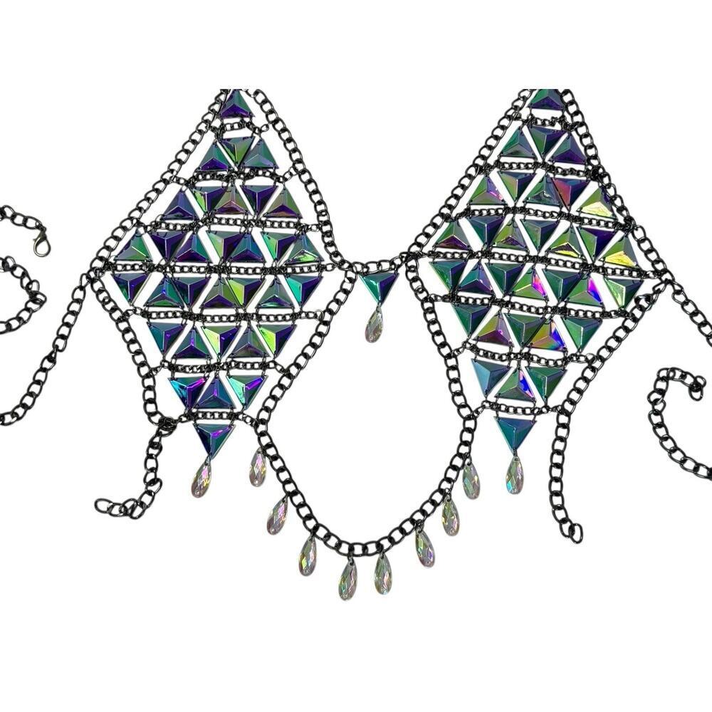 RAVE WONDERLAND DOLLS KILL Iridescent Gem Jewelry Crop Top Crystal Chain Bra - Picture 12 of 15